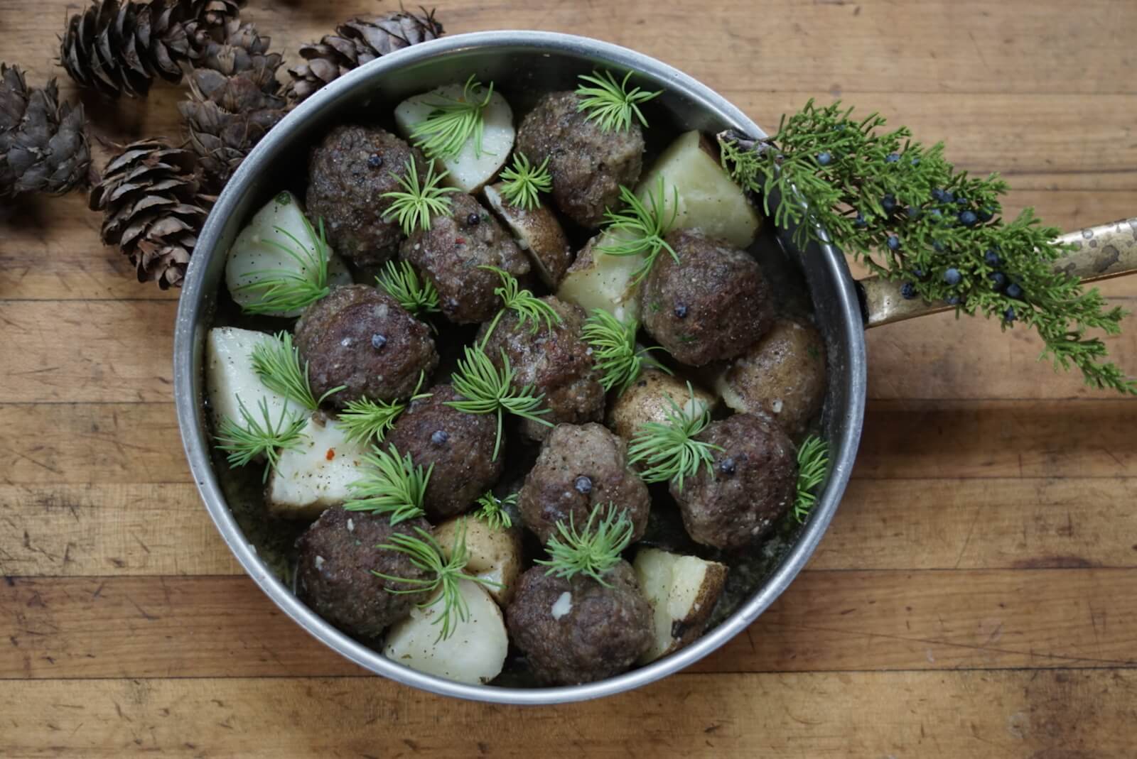 Recipe for Nordic Meatballs served with potatoes and pine sprouts